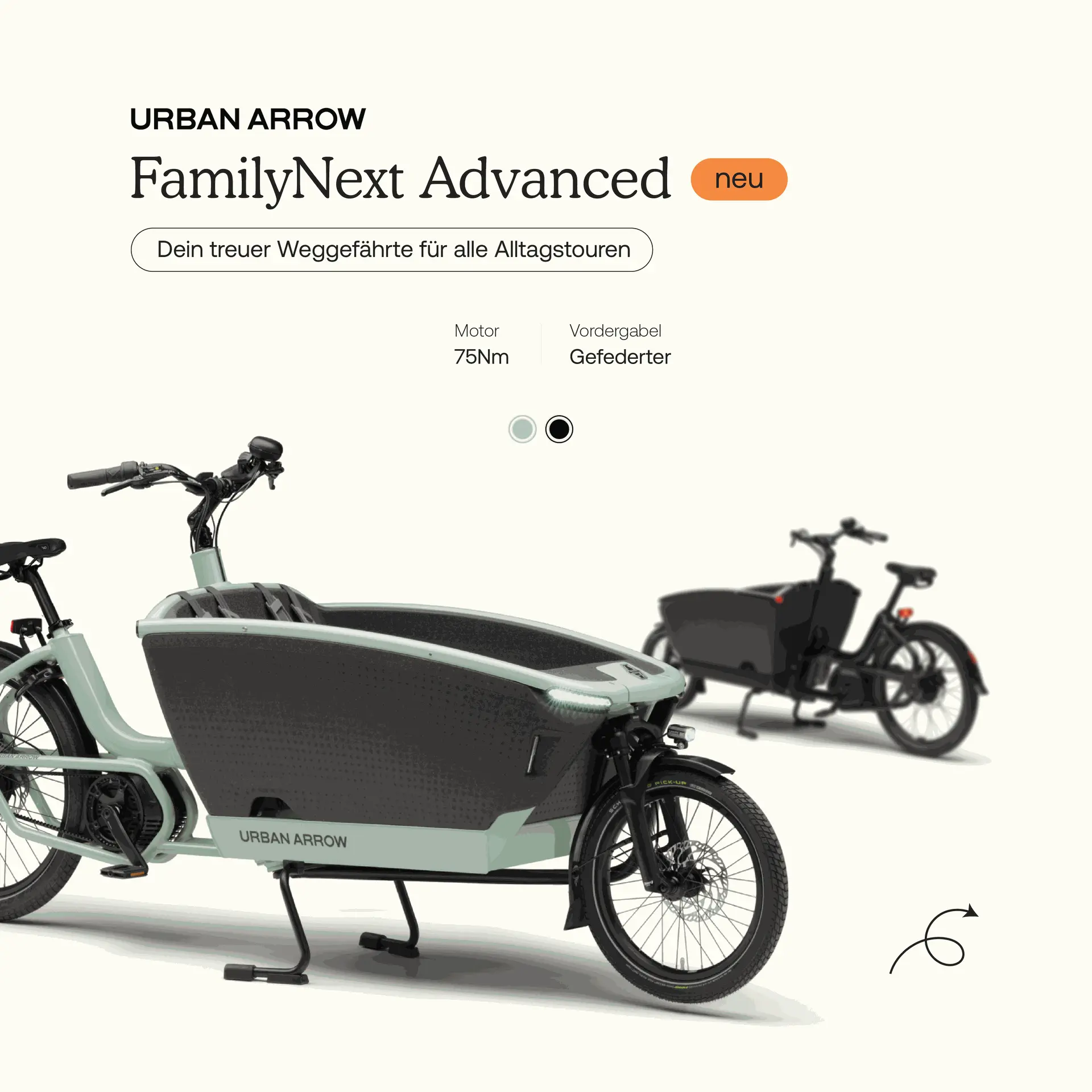 Urban Arrow FamilyNext Advanced in zwei Farben – mit Bosch Motor für normale Topografie