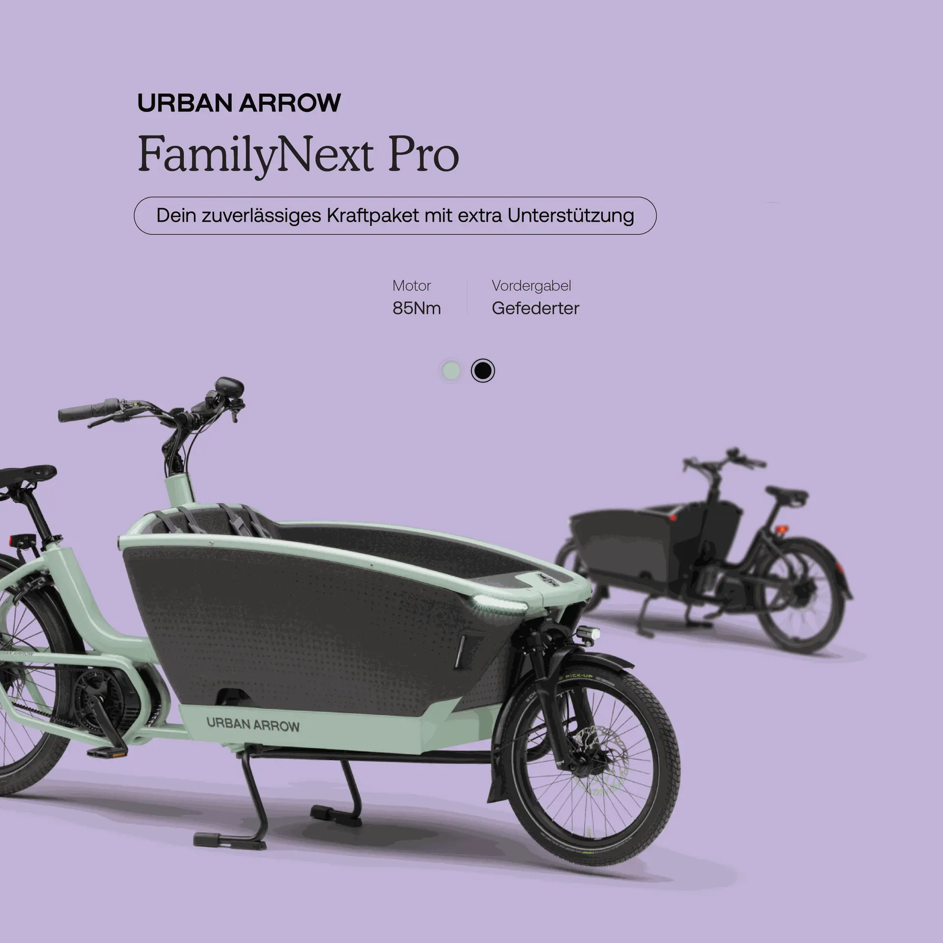 Urban Arrow FamilyNext Pro mit Bosch Cargo Line Motor – zwei Farbvarianten für anspruchsvolle Strecken